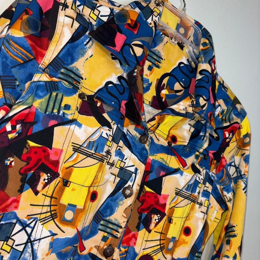Vintage 90s Abstract Art Print Jacket Colorful Geometric Button Front